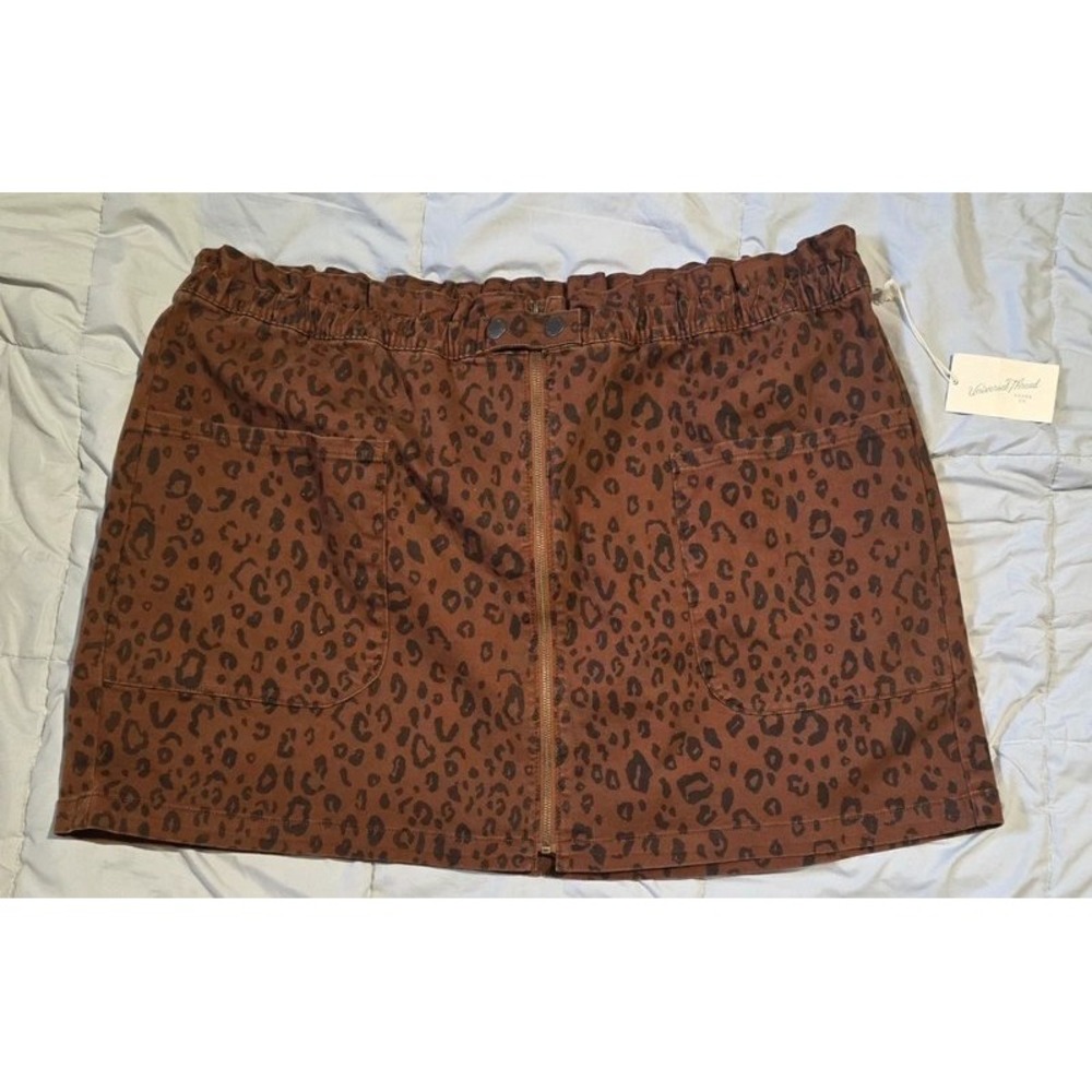 Universal Thread Leopard Print Mini Skirt Brown Denim Paperbag Waist 24W NWT